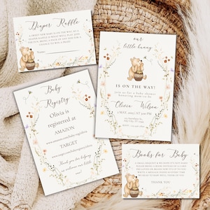 Klassieke Winnie de Pooh babyshowerbundel, Winnie de Poeh genderneutrale babyshower uitnodiging, babyshowerregistratiekaart, boho, bloemen