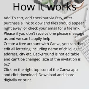 May include: Instructions on how to purchase and edit a digital invitation template. The template is 5x7 inches and can be edited using Canva. The text includes instructions on how to download and share the invitation.
