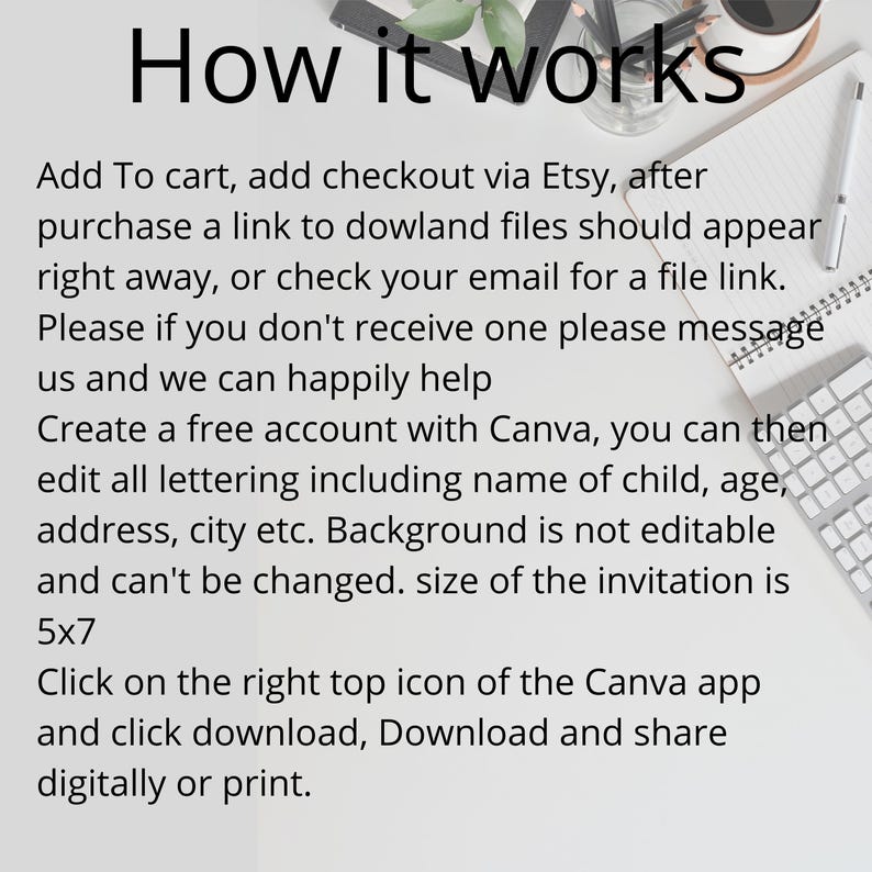May include: Instructions on how to purchase and edit a digital invitation template. The template is 5x7 inches and can be edited using Canva. The text includes instructions on how to download and share the invitation.