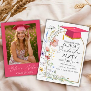 Faire-part de fête de remise des diplômes fleurs sauvages, fleur bohème moderne, faire-part de finissants seniors, invitation florale fille diplômée, toile