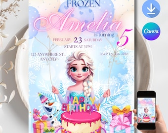 May include: Frozen themed birthday party invitation with a blue and white background. The invitation features a picture of Elsa from Frozen holding balloons. The text on the invitation reads "Frozen, Amelia is turning 5, February 23 Saturday, Starts at 3 PM, 123 Anywhere St., Any City, RSVP: 123-456-7890".