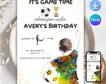 Modello di invito per compleanno a tema calcio: invito Canva modificabile (download digitale)