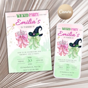 Bearbeitbar Wicked Geburtstagsfeiereinladung, Wicked Party einladen, WICKED inspirierte Kinokarte einladen, rosa grüne Kokette Schleife, Canva Editable