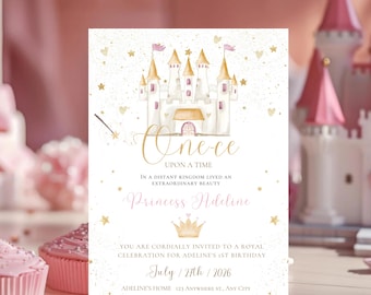 Prinzessin Geburtstagseinladung, Es war einmal, Mädchen 1. Geburtstag EDITIERBARE VORLAGE Canva