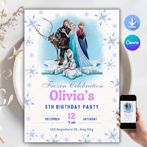 Invitación de FROZEN Invitación de cumpleaños de Elsa Invitación de cumpleaños de nieve de invierno Imprimible Invitación de Frozen Plantilla de diseño personalizable de princesa Elsa y Anna