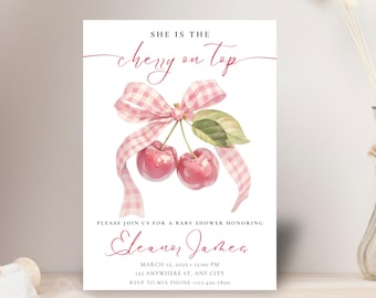 Cherry Baby Shower Invitation: Pink Bow, Coquette Theme (EDITABLE)