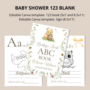 K&ouml;nnte beinhalten: Ein Canva-Vorlagensatz zum Thema Babyparty. Das Set enth&auml;lt ein 123-Buch und ein Schild, die beide bearbeitet werden k&ouml;nnen. Das Buch zeigt Illustrationen eines Flugzeugs, eines B&auml;ren und einer Eule. Das Buch ist 5x7 und 8,5x11 Zoll (ca. 21,6 x 27,9 cm) gro&szlig;.