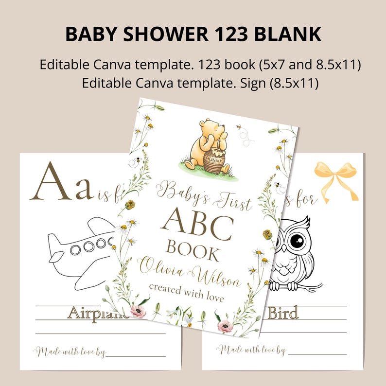 K&ouml;nnte beinhalten: Ein Canva-Vorlagensatz zum Thema Babyparty. Das Set enth&auml;lt ein 123-Buch und ein Schild, die beide bearbeitet werden k&ouml;nnen. Das Buch zeigt Illustrationen eines Flugzeugs, eines B&auml;ren und einer Eule. Das Buch ist 5x7 und 8,5x11 Zoll (ca. 21,6 x 27,9 cm) gro&szlig;.