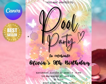 Editable Pool Party Invitation: Kids Swim Birthday (Canva Template)