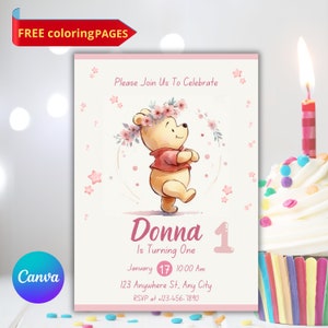 Invito di compleanno modificabile di Winnie the Pooh Modello classico di invito di Winnie the Pooh Invito digitale dell'orso Pooh con vaso di miele Hunny