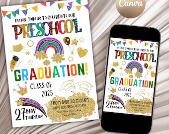 Invitación editable de graduación de preescolar: Anuncio de fiesta de preescolar (plantilla digital)