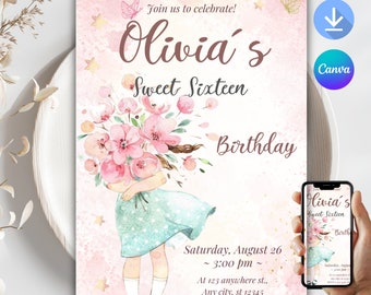 Könnte beinhalten: Eine rosafarbene und weiße Geburtstagseinladung mit einer Aquarell-Illustration eines Mädchens, das einen Blumenstrauß hält. Die Einladung lautet "Feiern Sie mit uns! Olivias Sweet Sixteen Geburtstag" und enthält Datum, Uhrzeit und Ort der Party.