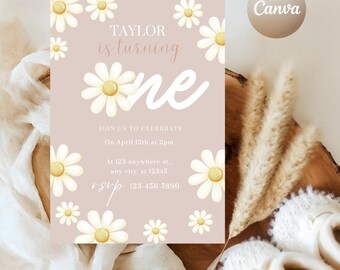 Daisy 1st Birthday Invitation: Boho Wildflower, Pink Daisies (PDF)