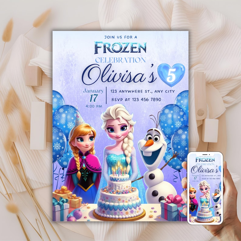 May include: Frozen themed birthday party invitation with a blue, purple, and white background. The invitation features images of Elsa, Anna, and Olaf from the movie Frozen. The text on the invitation reads "Join us for a Frozen Celebration, Olivisa's 5th Birthday". The invitation also includes the date, time, and location of the party.