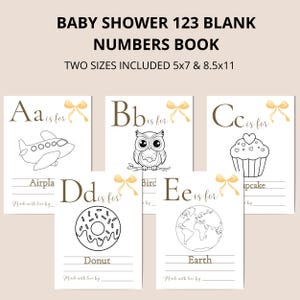 K&ouml;nnte beinhalten: Ein Babyparty-Aktivit&auml;tsbuch mit dem Titel "Baby Shower 123 Blank Numbers Book" und dem Text "Two sizes included 5x7 & 8.5x11". Das Buch enth&auml;lt Seiten mit den Buchstaben A-E, jeweils mit einem entsprechenden Bild zum Ausmalen.
