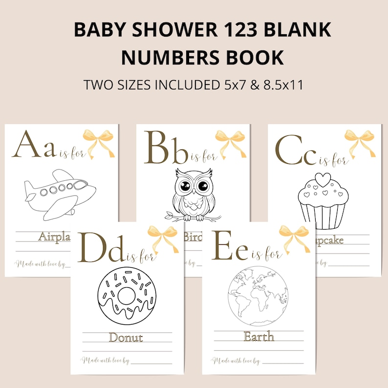 K&ouml;nnte beinhalten: Ein Babyparty-Aktivit&auml;tsbuch mit dem Titel "Baby Shower 123 Blank Numbers Book" und dem Text "Two sizes included 5x7 & 8.5x11". Das Buch enth&auml;lt Seiten mit den Buchstaben A-E, jeweils mit einem entsprechenden Bild zum Ausmalen.