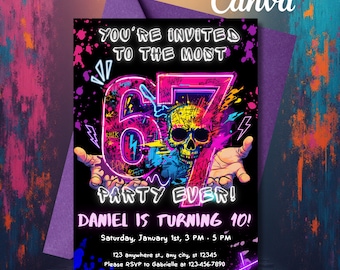 May include: A black birthday party invitation with neon pink, purple, and blue accents. The invitation features a skull, the number 67, and the text "YOU'RE INVITED TO THE MOST PARTY EVER! DANIEL IS TURNING 10!"