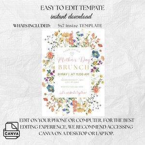 EDITABLE Mother's Day Brunch Invitation Template, Mothers Day Party Invite, Floral Mother's Day Breakfast Invite, Moms and Mimosas Invite, Canva Template