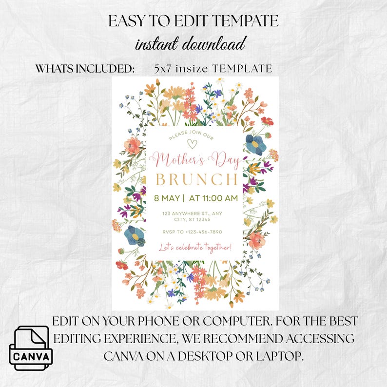 EDITABLE Mother's Day Brunch Invitation Template, Mothers Day Party Invite, Floral Mother's Day Breakfast Invite, Moms and Mimosas Invite, Canva Template