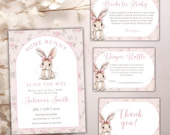 Coquette Bunny babyshowerbundel: roze strik, bloemenuitnodiging (digitale download)