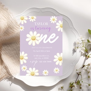 Daisy Birthday Invitation, Flower 1st Birthday Invite, Daisy Invitation, 1st Birthday Girl, Boho Daisy Invitation, Purple Daisies Birthday