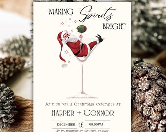 May include: A Christmas party invitation with a cartoon image of Santa Claus hanging from a martini glass. The text reads "Making Spirits Bright" and includes details for the event, such as the date, time, and location.