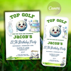 Top golfverjaardagsfeestje uitnodigen, bewerkbare uitnodiging golffeest, golfthema verjaardagsuitnodiging, jongens par-T-shirt, golffeest, sportuitnodiging