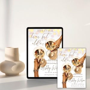 May include: A digital invitation for a 30th birthday party with a gold and white color scheme. The invitation features a graphic of two hands holding martini glasses and the text "Ashley is a tiny bit older".