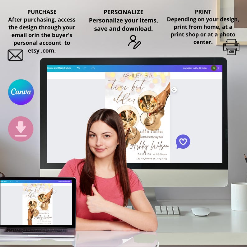 May include: A digital invitation for a 30th birthday party with a gold and pink color scheme. The invitation features a design of martini glasses with the text "Ashley is a Tini bit older".
