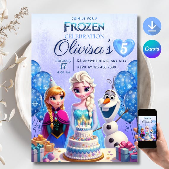 Frozen Birthday Invitation, Elsa Winter Party Editable Canva Template