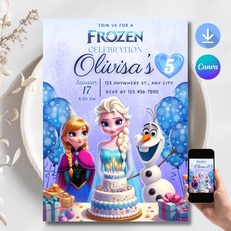 May include: Frozen themed birthday party invitation with a purple background. The invitation features Elsa and Anna from the movie Frozen, along with Olaf. The invitation also includes a cake with candles, a heart with the number 5, and the text "Join us for a Frozen Celebration Olivisa's 5".