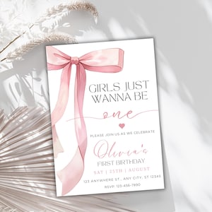 Pink Bow 1st Birthday Invitation: Elegant Girl Party (EDITABLE PDF)