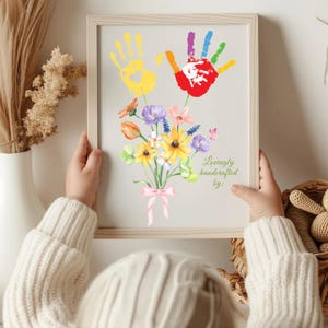 Gift Mother's day, craft handprint art birthday activity, floral bouquet grandma, flower DIY kids children, toddler baby printable keepsake