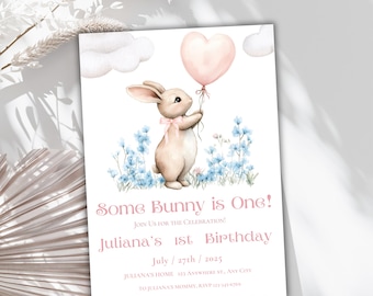 Bunny 1e verjaardagsuitnodiging: roze strik, vintage coquette (pdf-sjabloon)