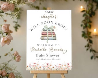 Cartello di benvenuto per baby shower con favole: tema del libro, modello Canva (PDF)