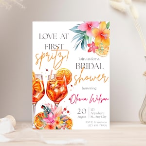 Love at First Spritz Bridal Shower Invitation, Aperol Spritz Bridal Shower Invite, Citrus Bridal Brunch, Orange Bridal Shower Bright Florals