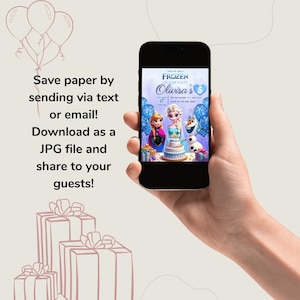 May include: A digital invitation for a Frozen themed birthday party. The invitation features a blue background with images of Elsa and Anna from the movie Frozen. The text on the invitation reads "Join us for a Frozen Celebration, Olivisa's 5th Birthday".