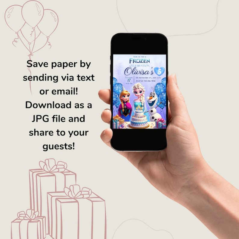 May include: A digital invitation for a Frozen themed birthday party. The invitation features a blue background with images of Elsa and Anna from the movie Frozen. The text on the invitation reads "Join us for a Frozen Celebration, Olivisa's 5th Birthday".