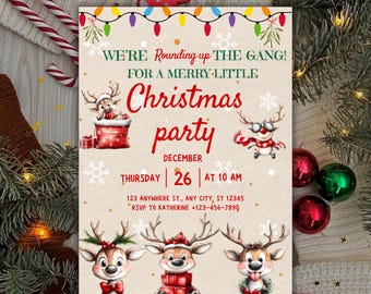 Rustic Reindeer Christmas Party Invitation: Editable Holiday Card (PDF)