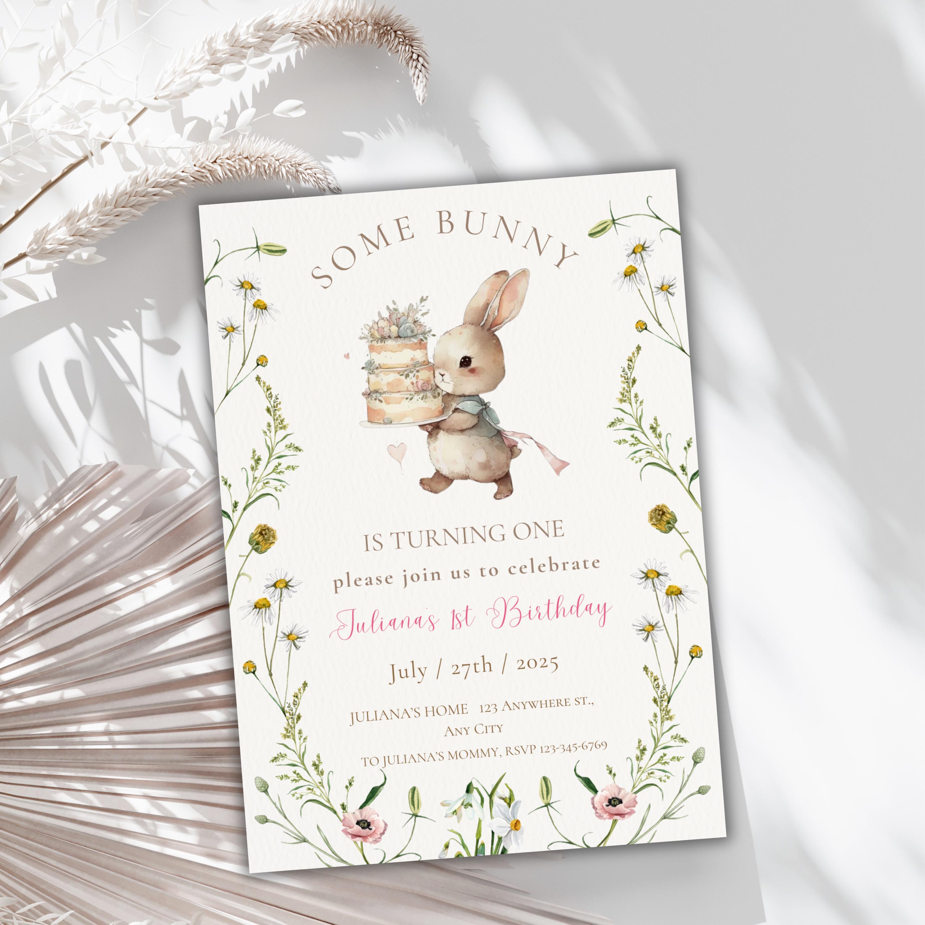 Vintage Bunny First Birthday Invitation: Boho Floral (PDF)