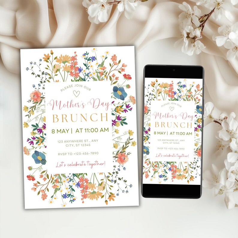 EDITABLE Mother's Day Brunch Invitation Template, Mothers Day Party Invite, Floral Mother's Day Breakfast Invite, Moms and Mimosas Invite, Canva Template