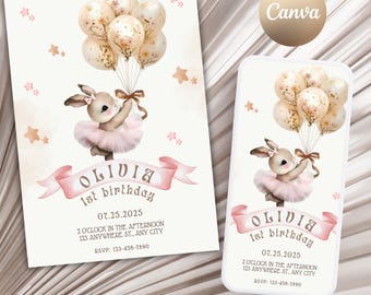 Vintage Bunny 1e verjaardagsuitnodiging: bloemen boho-coquette (pdf)