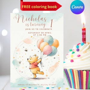 Invito di compleanno modificabile di Winnie the Pooh, modello classico di invito di Winnie the Pooh, invito digitale dell'orso Pooh con vaso di miele Hunny