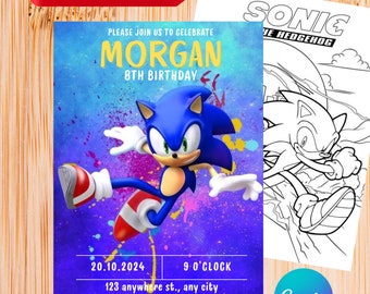Sonic the Hedgehog Digitale verjaardagsuitnodiging Digitale verjaardagsuitnodiging Gepersonaliseerde Sonic Themafeest Sonic Verjaardag kleurboeken