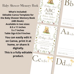 K&ouml;nnte beinhalten: Druckbare Baby Shower Erinnerungsbuch-Vorlage mit Winnie Puuh und einem Blumenmuster. Die Vorlage ist in zwei Gr&ouml;&szlig;en erh&auml;ltlich: 8,5 x 11 Zoll und 5 x 7 Zoll. Sie ist vollst&auml;ndig editierbar und kann verwendet werden, um ein personalisiertes Erinnerungsbuch f&uuml;r die Baby Shower zu erstellen.