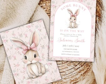 Coquette Bunny Baby Shower Invitation: Pink Bow Floral (PDF)