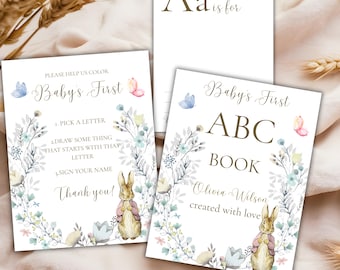 Babyparty ABC-Buch Peter Rabbit, Themenaktivität des kleinen Häschens, Erstes Alphabetbuch, druckbares Babys erstes ABC-Buch, Oster-Babyparty