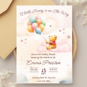 Winnie-the-pooh A Little Hunny is on the Way BABY SHOWER Invitation Pink & Gold Baby Shower Invitations Pink Leaves Gold Dust Baby Shower