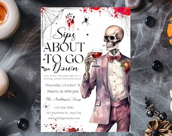 Inbjudan till skelett för vuxna Halloween-sips som snart kommer att gå ner, Halloweenfestinbjudan