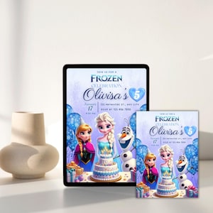 May include: A digital invitation for a Frozen themed birthday party. The invitation features a blue background with images of Elsa, Anna, and Olaf from the movie Frozen. The text on the invitation reads "Join us for a Frozen Celebration Olivisa's 5" and includes the date, time, and location of the party.